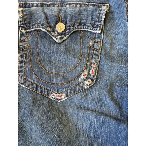 True Religion Skinny Flap Orange Stitch Jeans Mens 33 X 33 Red Distressed Thrash - Picture 11 of 16